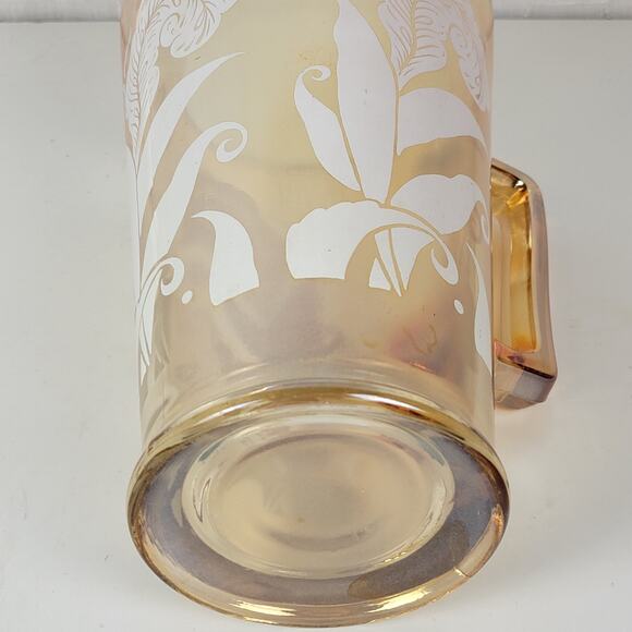 Vintage Jeanette Marigold Pitcher 9" Amber Peach Carnival Glass‎ Feather - Picture 6 of 13